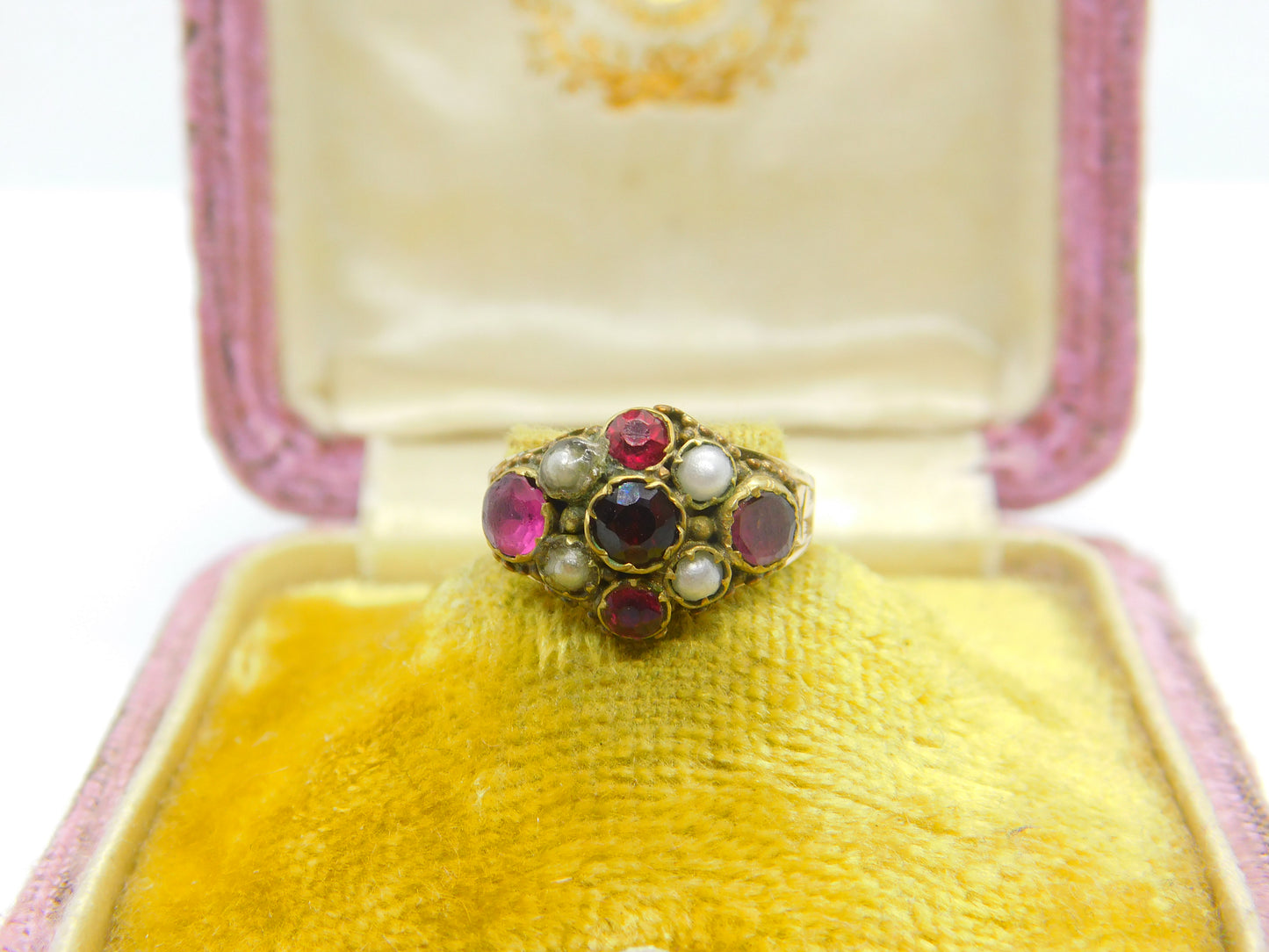 Early Victorian 9ct Gold, Garnet & Seed Pearl Dress Ring c1840 Antique