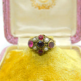 Early Victorian 9ct Gold, Garnet & Seed Pearl Dress Ring c1840 Antique