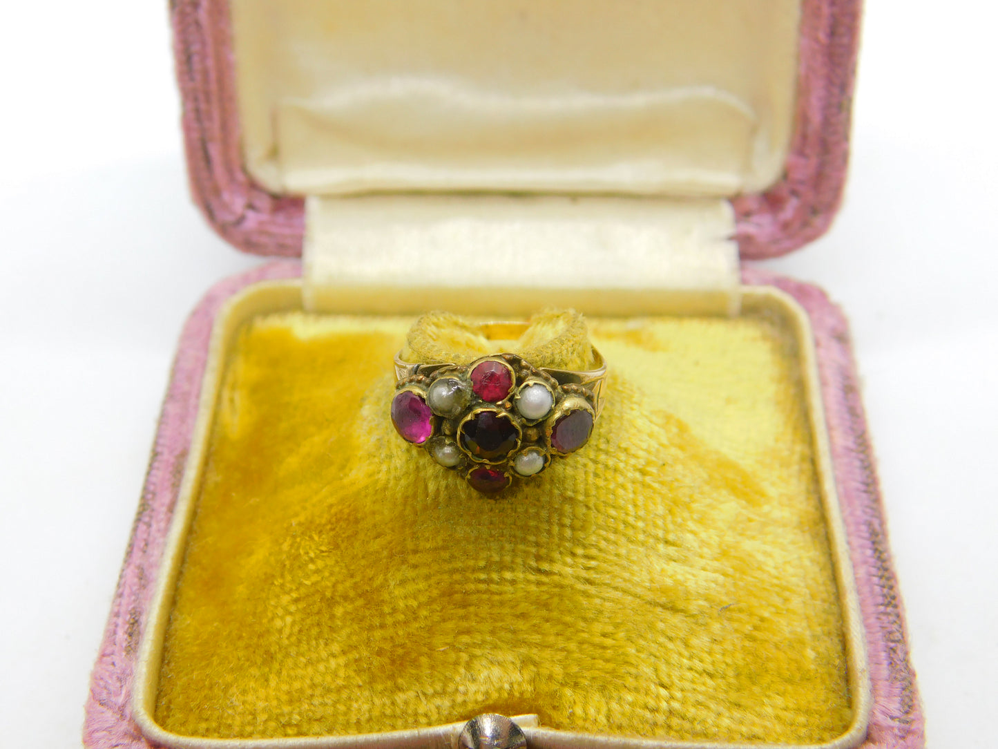 Early Victorian 9ct Gold, Garnet & Seed Pearl Dress Ring c1840 Antique