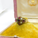 Early Victorian 9ct Gold, Garnet & Seed Pearl Dress Ring c1840 Antique