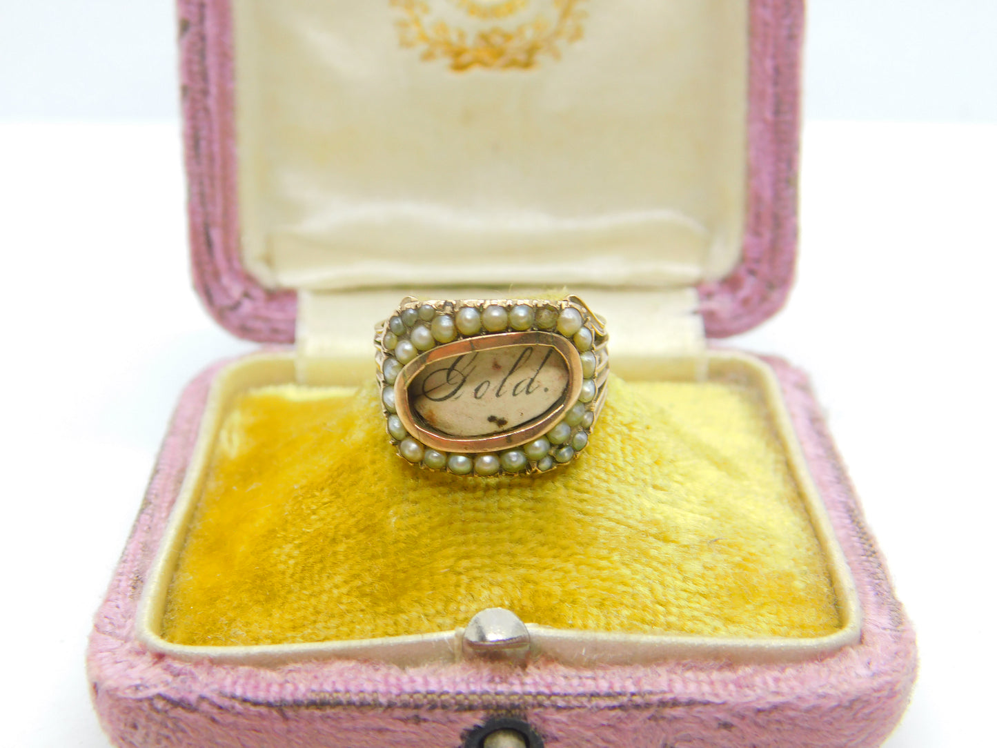 Georgian 9ct Gold & Seed Pearl Mourning Ring 'Mrs Ann Baker, Apr. 1811' Antique