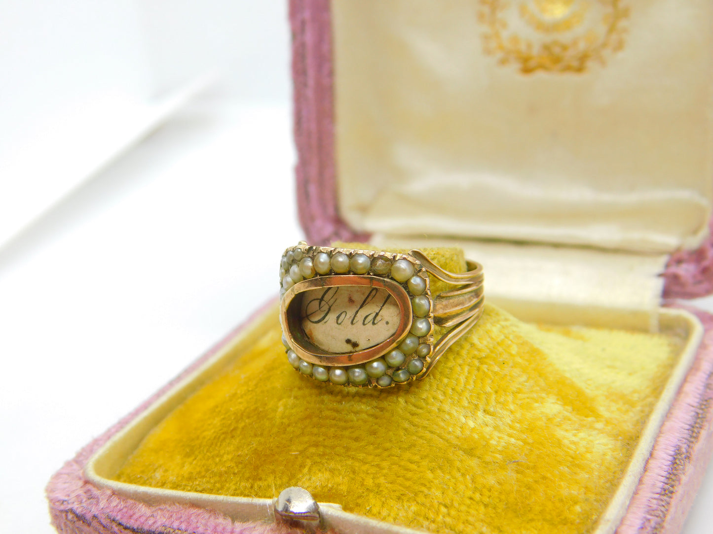 Georgian 9ct Gold & Seed Pearl Mourning Ring 'Mrs Ann Baker, Apr. 1811' Antique