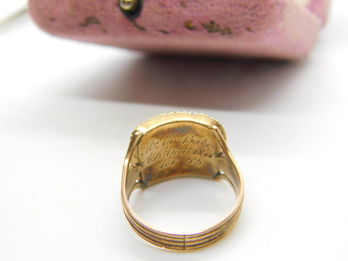 Georgian 9ct Gold & Seed Pearl Mourning Ring 'Mrs Ann Baker, Apr. 1811' Antique