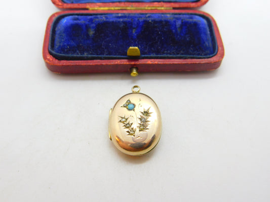 Victorian 9ct Rose Gold Back & Front, Seed Pearl & Turquoise Locket c1860