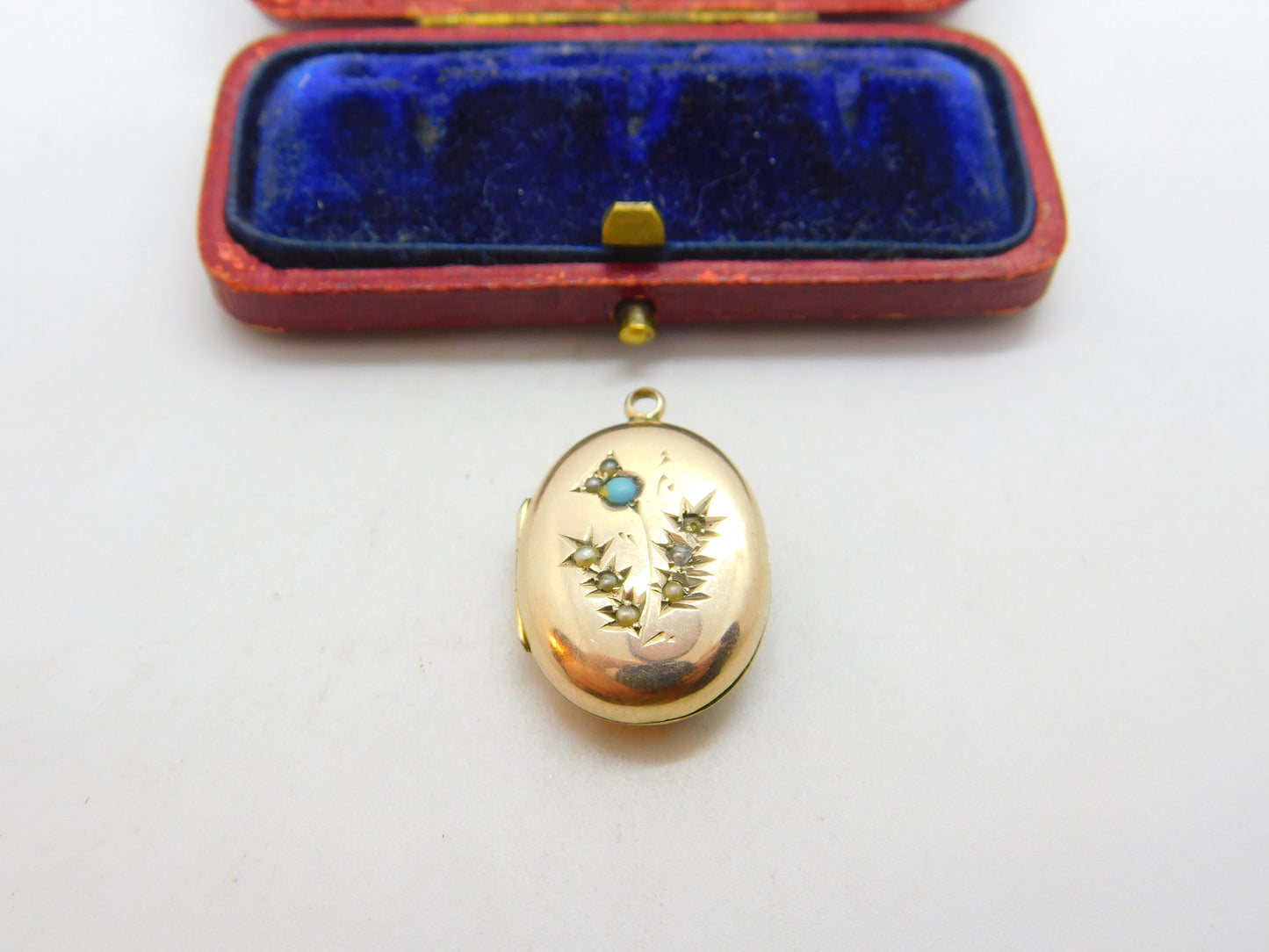 Victorian 9ct Rose Gold Back & Front, Seed Pearl & Turquoise Locket c1860