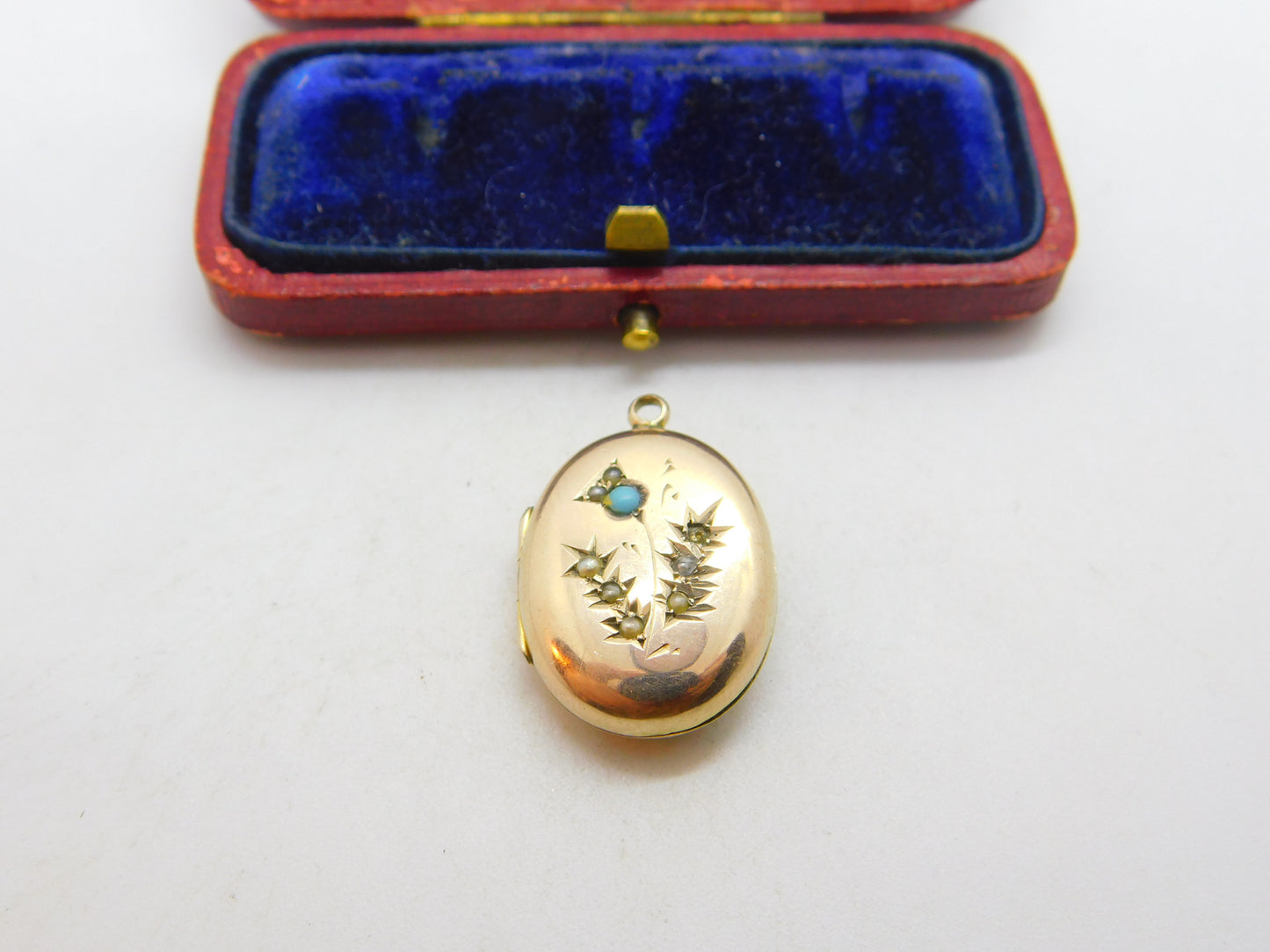 Victorian 9ct Rose Gold Back & Front, Seed Pearl & Turquoise Locket c1860