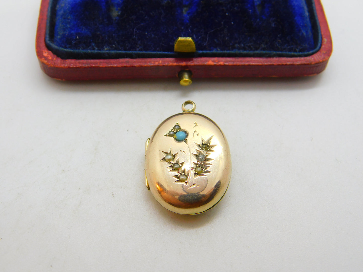 Victorian 9ct Rose Gold Back & Front, Seed Pearl & Turquoise Locket c1860