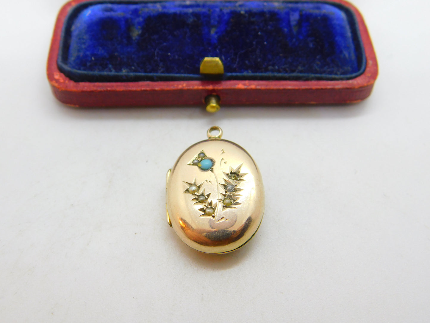 Victorian 9ct Rose Gold Back & Front, Seed Pearl & Turquoise Locket c1860