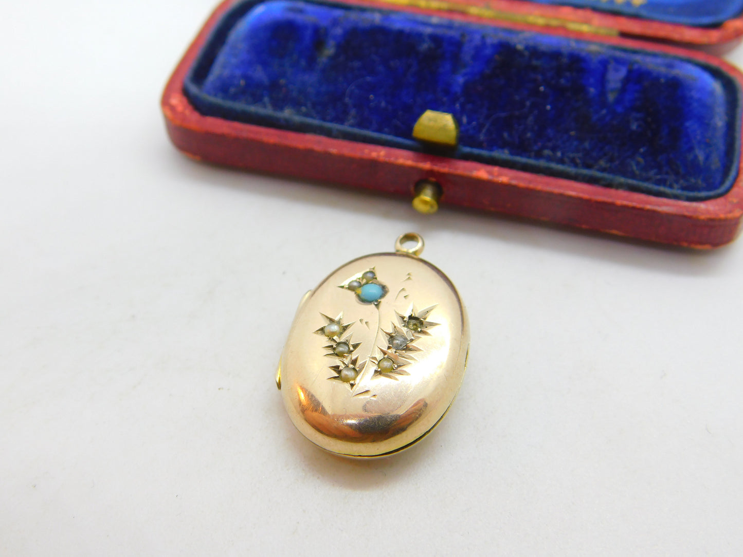 Victorian 9ct Rose Gold Back & Front, Seed Pearl & Turquoise Locket c1860