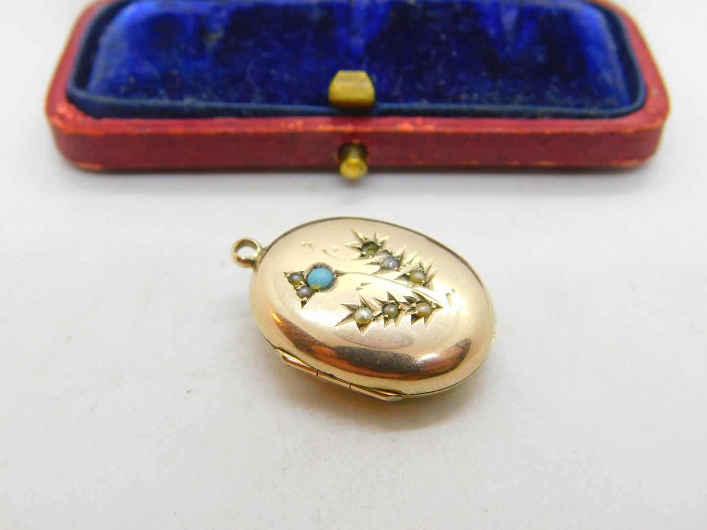 Victorian 9ct Rose Gold Back & Front, Seed Pearl & Turquoise Locket c1860