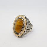 Spanish Large Sterling Silver, Gold & Tiger's Eye Signet Ring Vintage c1950