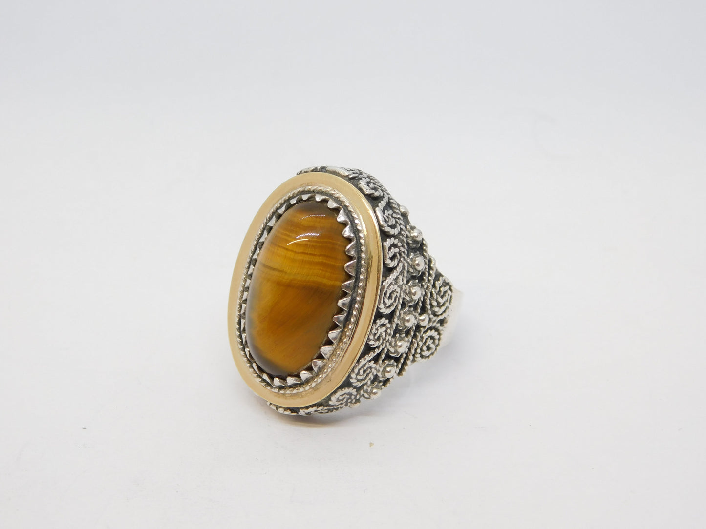 Spanish Large Sterling Silver, Gold & Tiger's Eye Signet Ring Vintage c1950