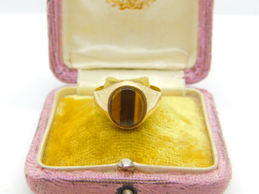 9ct Yellow Gold Tiger's Eye Stone Set Signet Ring Vintage c1970 Size V UK