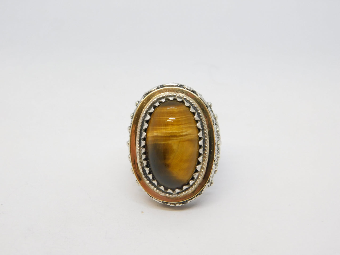 Spanish Large Sterling Silver, Gold & Tiger's Eye Signet Ring Vintage c1950