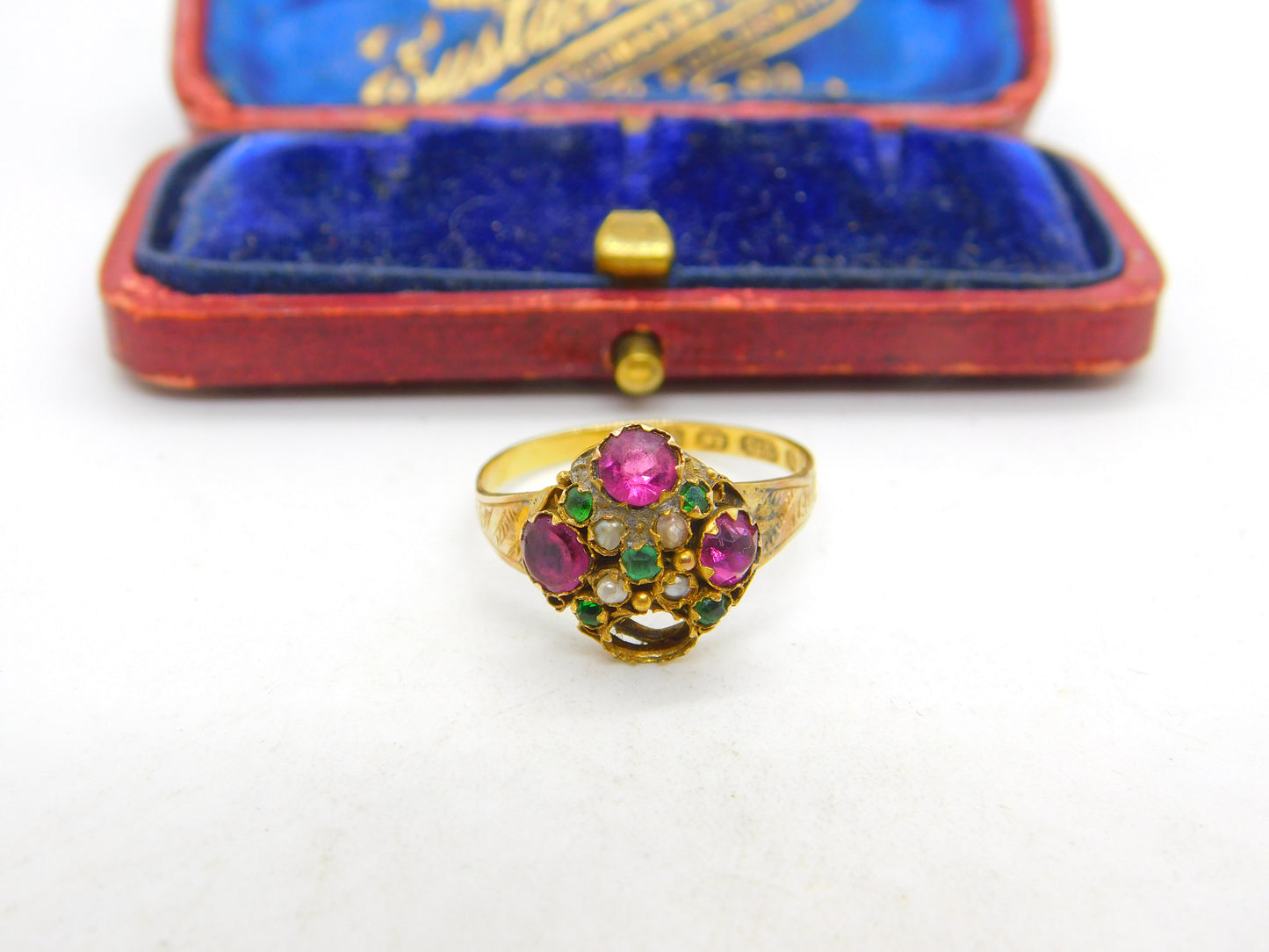 Victorian 9ct Yellow Gold, Amethyst, Seed Pearl & Paste Sweetheart Ring 1871 Birmingham