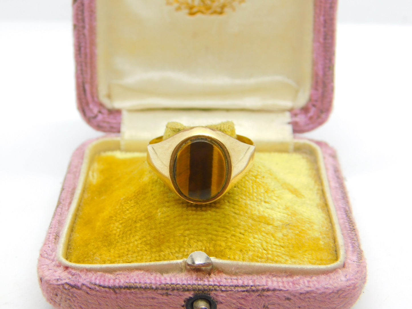 9ct Yellow Gold Tiger's Eye Stone Set Signet Ring Vintage c1970 Size V UK