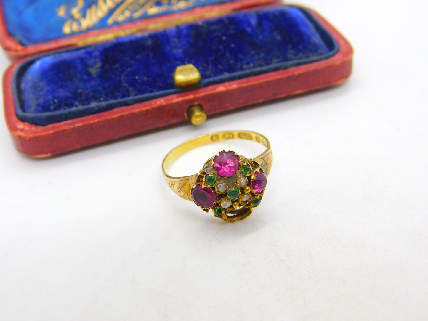 Victorian 9ct Yellow Gold, Amethyst, Seed Pearl & Paste Sweetheart Ring 1871 Birmingham