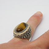 Spanish Large Sterling Silver, Gold & Tiger's Eye Signet Ring Vintage c1950