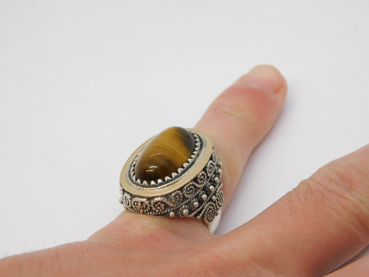 Spanish Large Sterling Silver, Gold & Tiger's Eye Signet Ring Vintage c1950