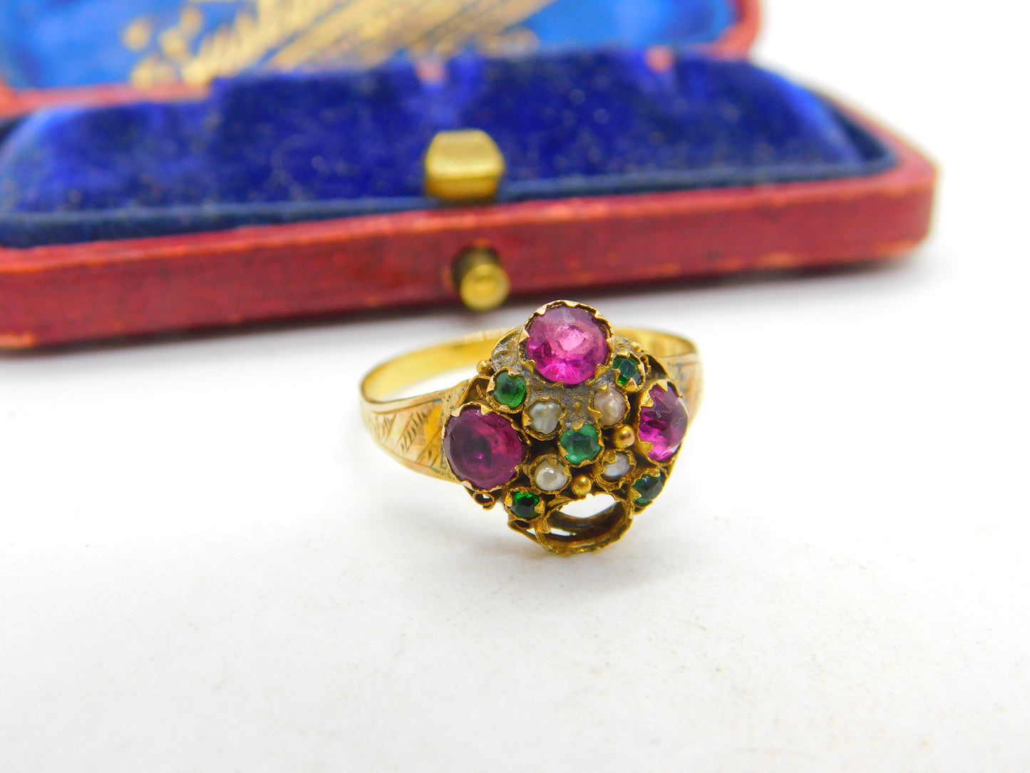 Victorian 9ct Yellow Gold, Amethyst, Seed Pearl & Paste Sweetheart Ring 1871 Birmingham