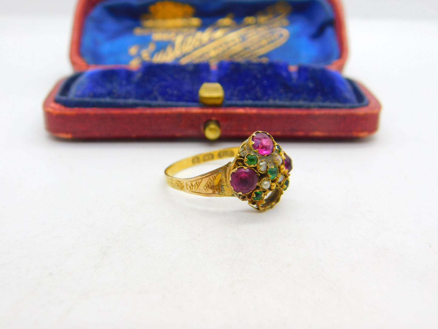 Victorian 9ct Yellow Gold, Amethyst, Seed Pearl & Paste Sweetheart Ring 1871 Birmingham