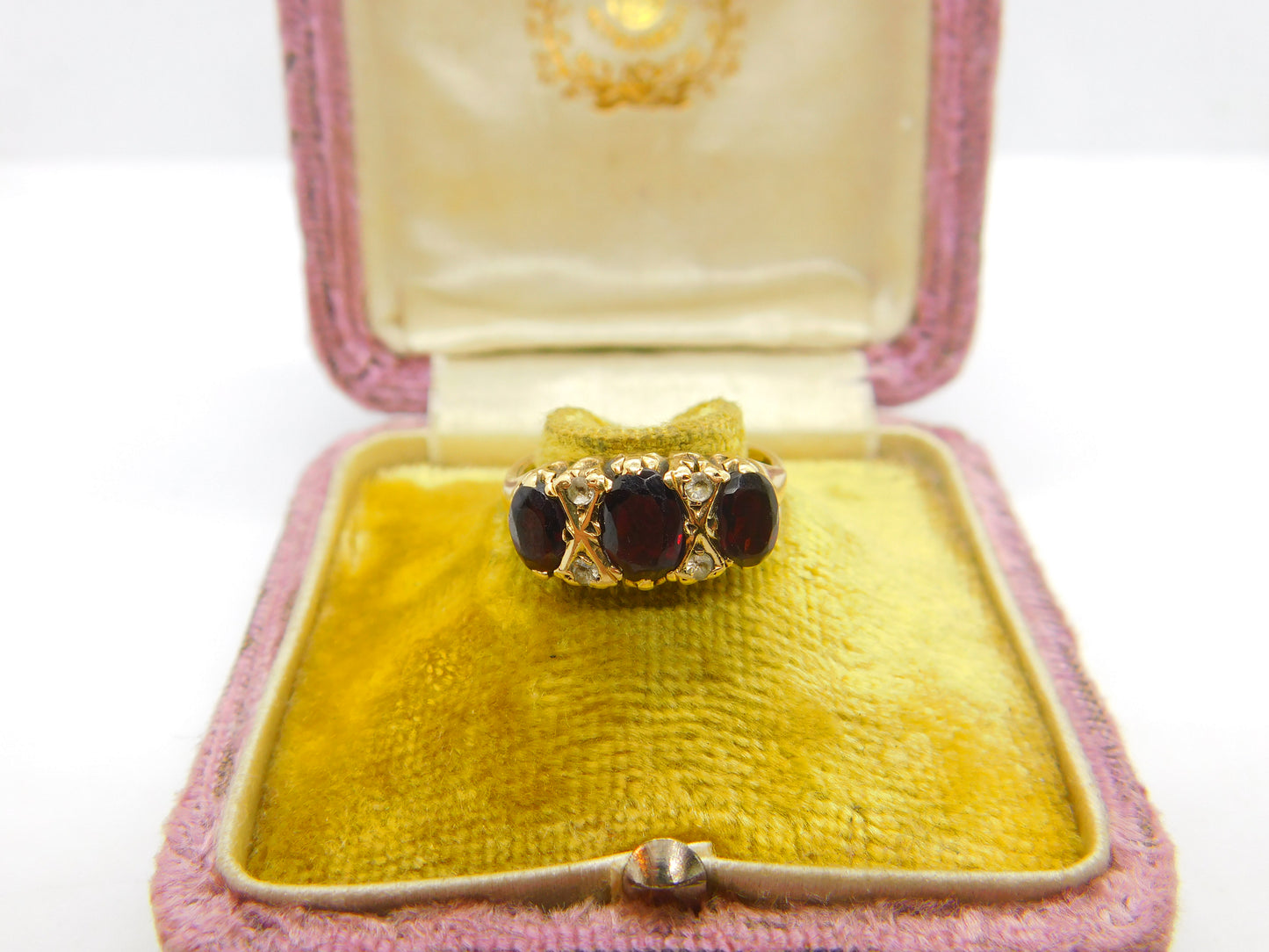 9ct Yellow Gold, Garnet & Diamond Paste Boat Ring 1982 Birmingham Vintage