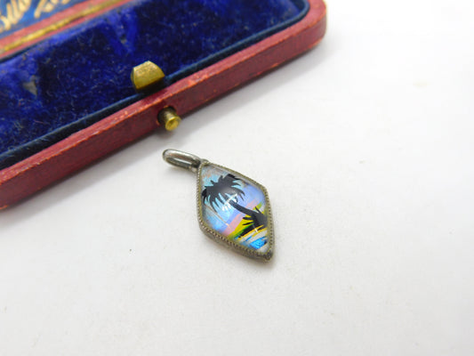 TLM Sterling Silver & Morpho Butterfly Wing Tropical Island Drop Pendant Antique