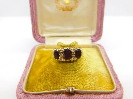 9ct Yellow Gold, Garnet & Diamond Paste Boat Ring 1982 Birmingham Vintage