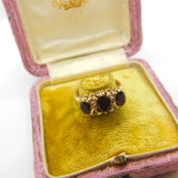 9ct Yellow Gold, Garnet & Diamond Paste Boat Ring 1982 Birmingham Vintage