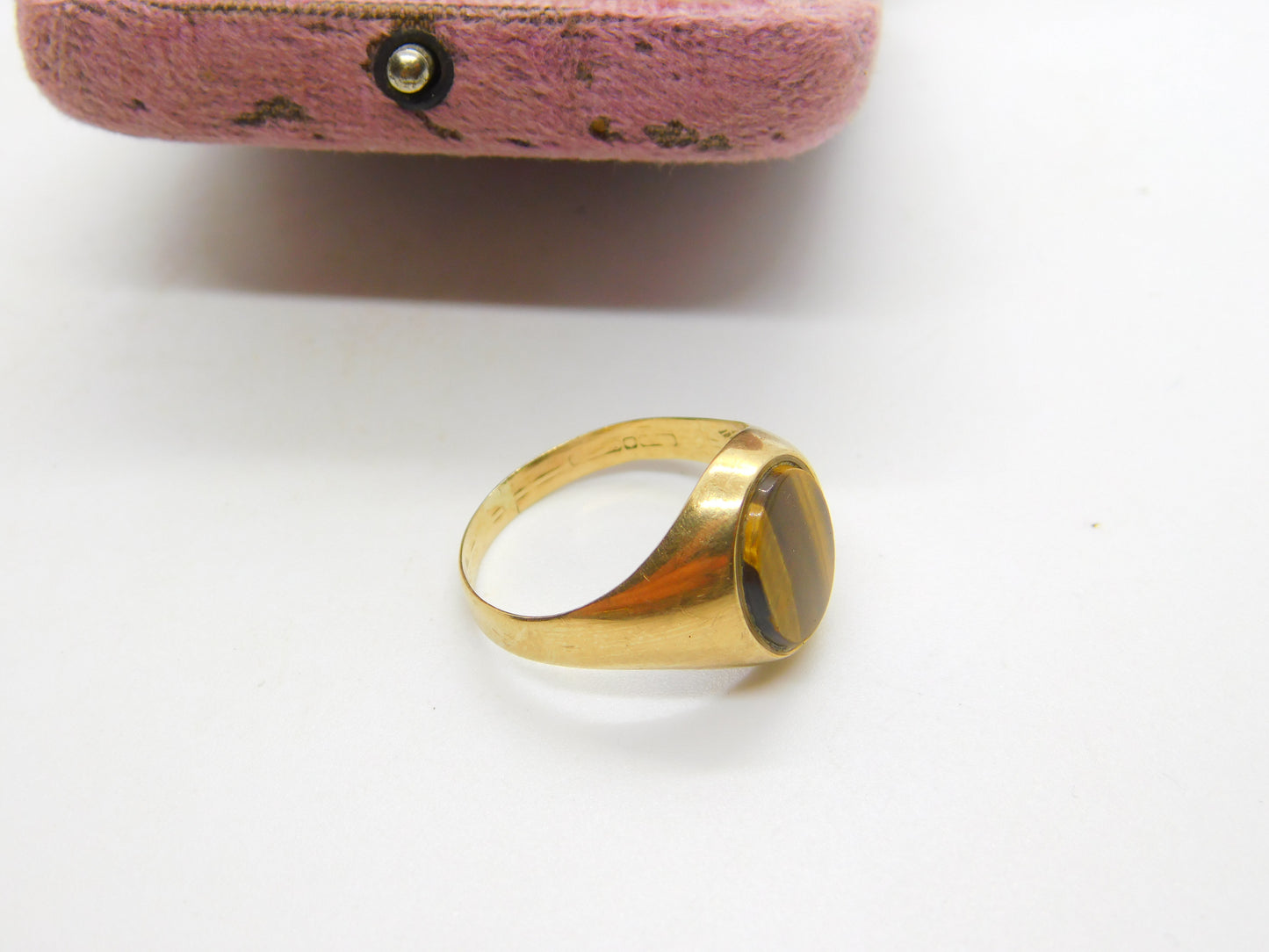 9ct Yellow Gold Tiger's Eye Stone Set Signet Ring Vintage c1970 Size V UK