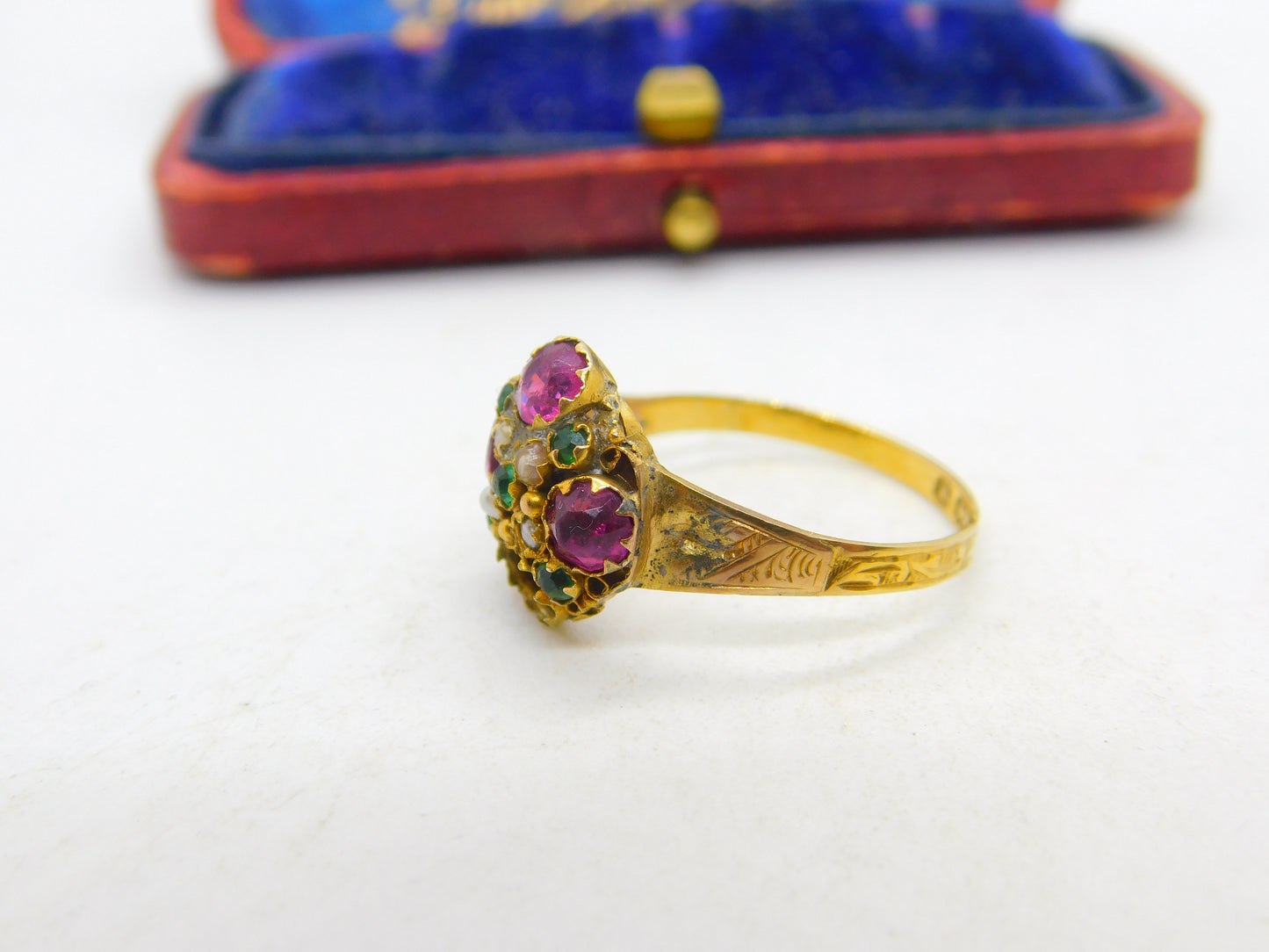 Victorian 9ct Yellow Gold, Amethyst, Seed Pearl & Paste Sweetheart Ring 1871 Birmingham