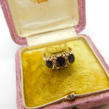 9ct Yellow Gold, Garnet & Diamond Paste Boat Ring 1982 Birmingham Vintage