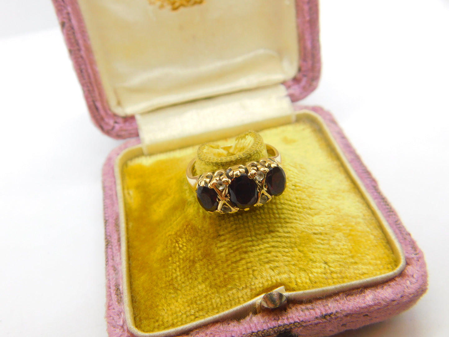 9ct Yellow Gold, Garnet & Diamond Paste Boat Ring 1982 Birmingham Vintage