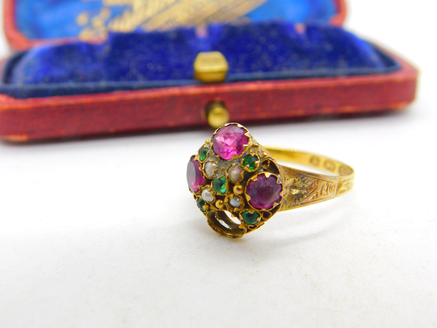 Victorian 9ct Yellow Gold, Amethyst, Seed Pearl & Paste Sweetheart Ring 1871 Birmingham