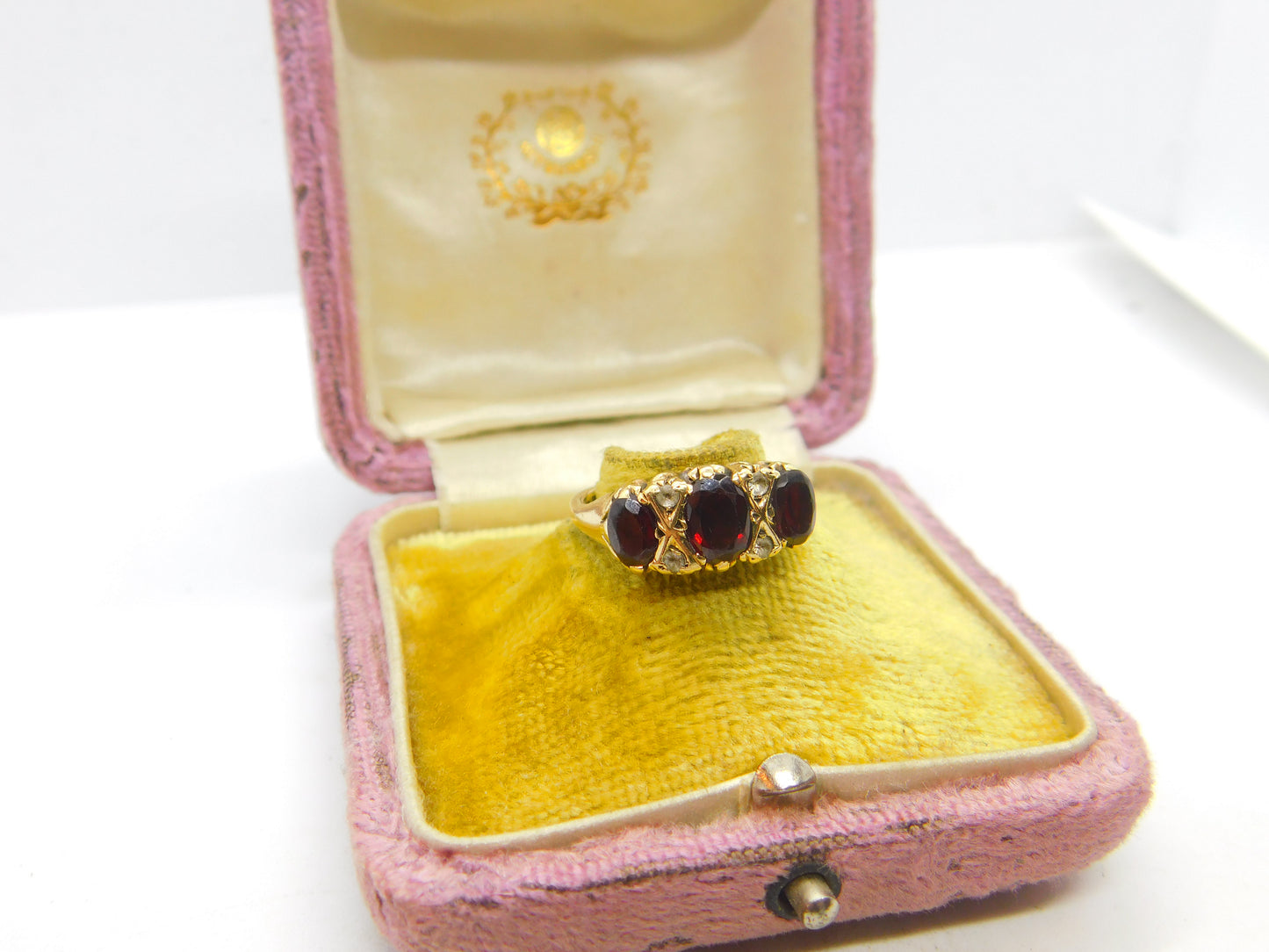 9ct Yellow Gold, Garnet & Diamond Paste Boat Ring 1982 Birmingham Vintage