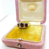 9ct Yellow Gold, Garnet & Diamond Paste Boat Ring 1982 Birmingham Vintage