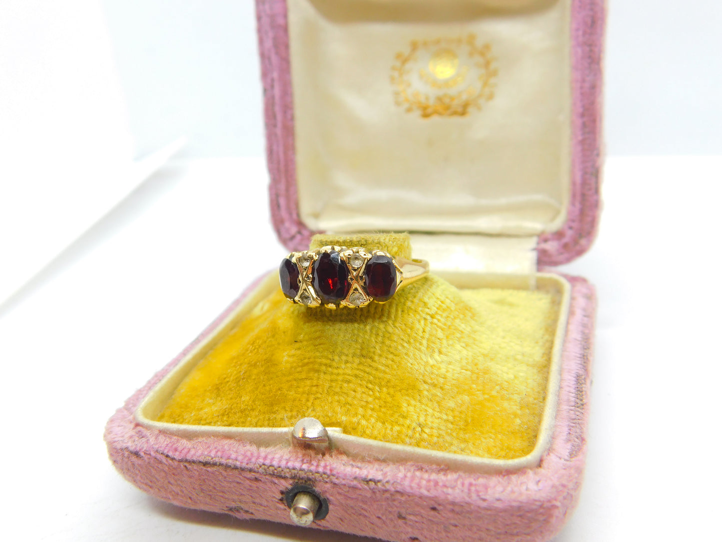 9ct Yellow Gold, Garnet & Diamond Paste Boat Ring 1982 Birmingham Vintage