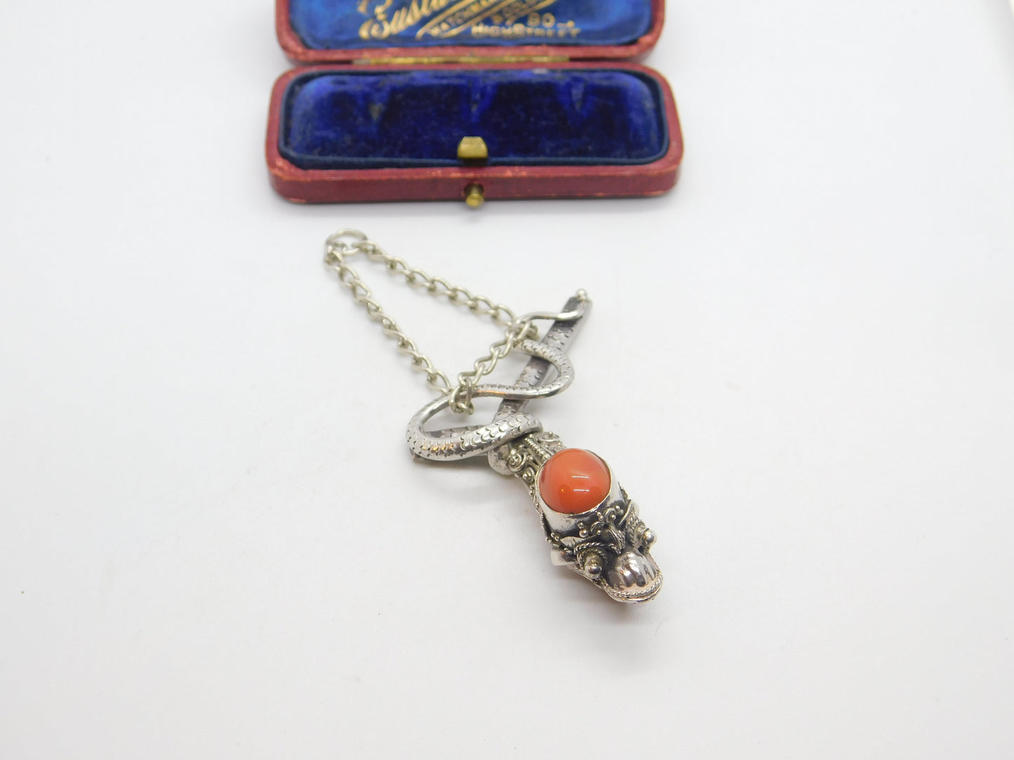 Victorian Sterling Silver & Cabochon Coral Set Snake Pendant Antique c1890