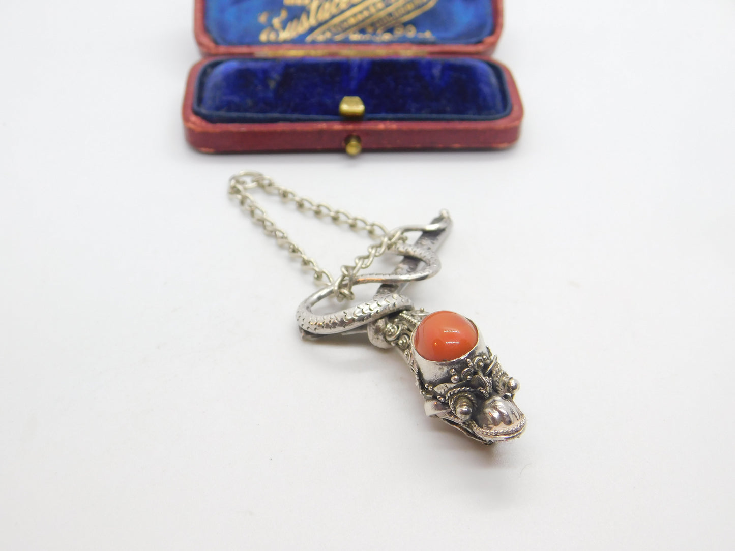 Victorian Sterling Silver & Cabochon Coral Set Snake Pendant Antique c1890