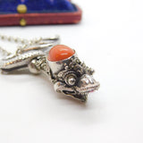 Victorian Sterling Silver & Cabochon Coral Set Snake Pendant Antique c1890