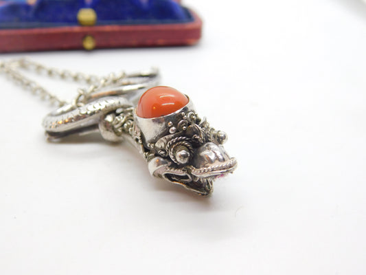 Victorian Sterling Silver & Cabochon Coral Set Snake Pendant Antique c1890