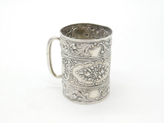 Edwardian Sterling Silver Floral Christening Mug Antique 1906 Birmingham