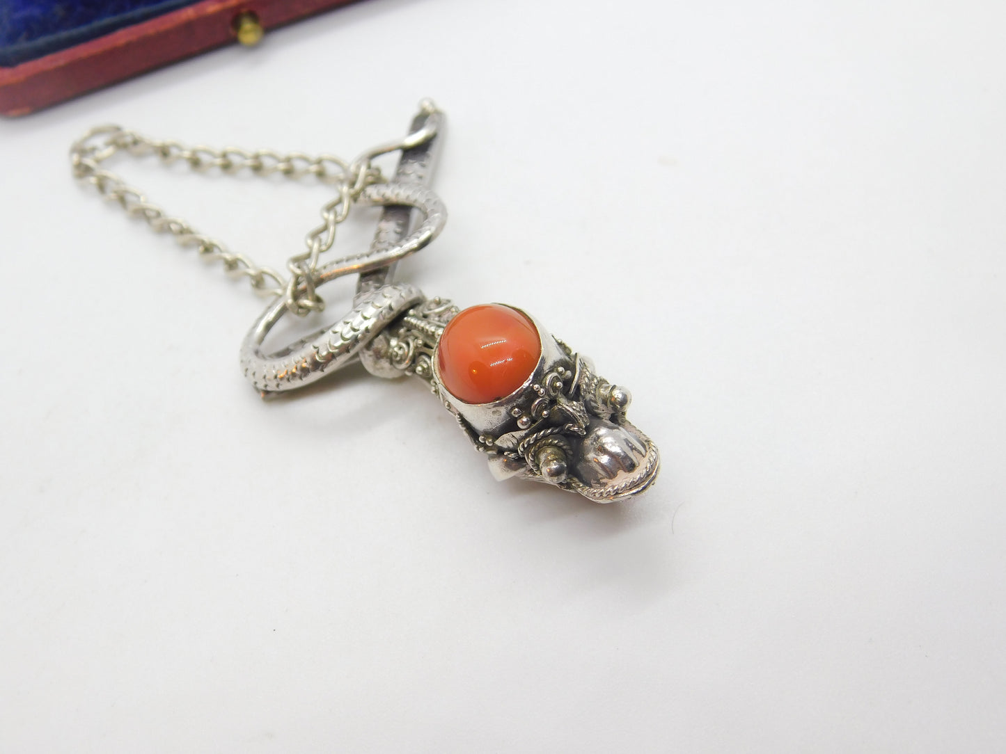 Victorian Sterling Silver & Cabochon Coral Set Snake Pendant Antique c1890