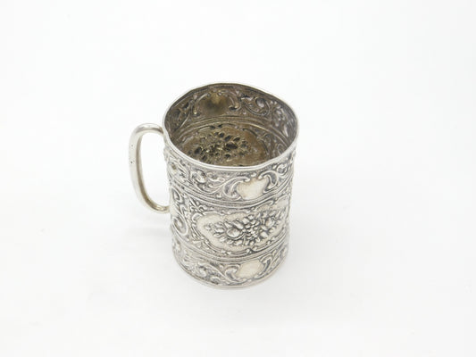 Edwardian Sterling Silver Floral Christening Mug Antique 1906 Birmingham