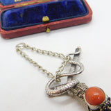 Victorian Sterling Silver & Cabochon Coral Set Snake Pendant Antique c1890
