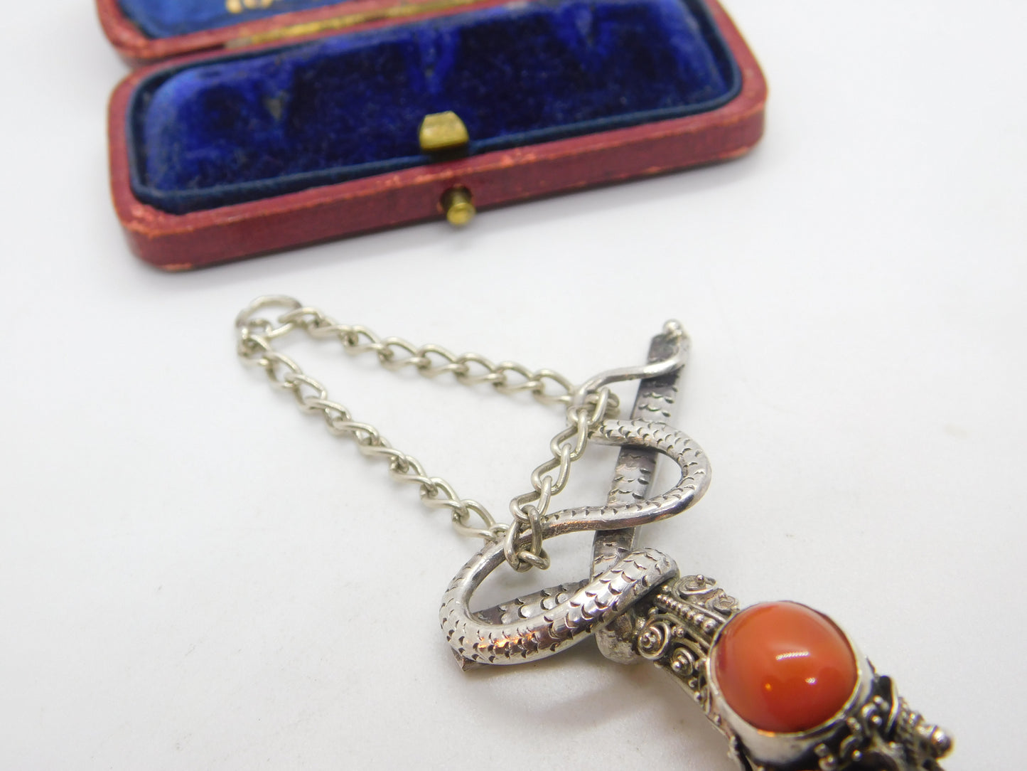 Victorian Sterling Silver & Cabochon Coral Set Snake Pendant Antique c1890