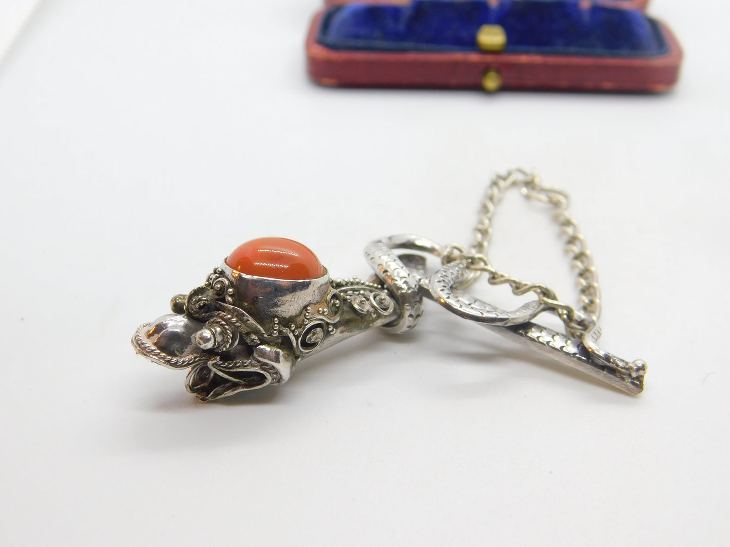 Victorian Sterling Silver & Cabochon Coral Set Snake Pendant Antique c1890