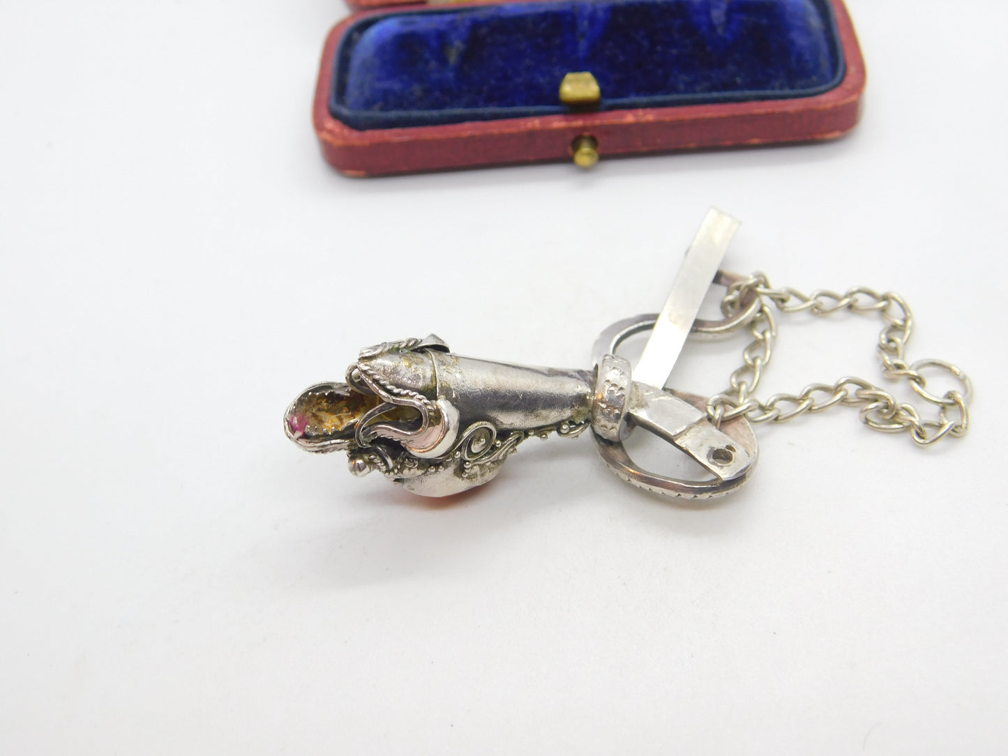 Victorian Sterling Silver & Cabochon Coral Set Snake Pendant Antique c1890