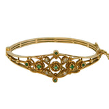 9ct Yellow Gold, Emerald & Seed Pearl Floral Bangle Bracelet Vintage London