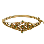 9ct Yellow Gold, Emerald & Seed Pearl Floral Bangle Bracelet Vintage London